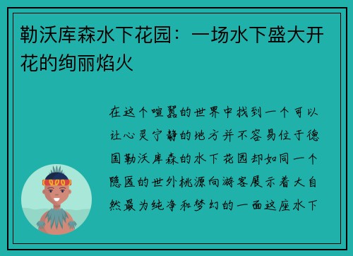 勒沃库森水下花园：一场水下盛大开花的绚丽焰火